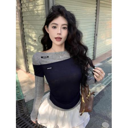FA40780# 秋季新款辣妹风设计感不规则修身显瘦假两件T恤上衣 服裝批發女裝批發服飾貨源