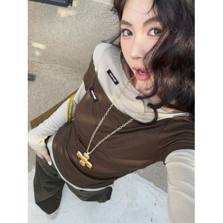 FA40780# 秋季新款辣妹风设计感不规则修身显瘦假两件T恤上衣 服裝批發女裝批發服飾貨源