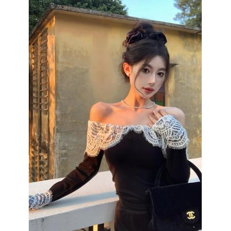 FA40782# 秋冬法式复古赫本风性感一字领露肩蕾丝花边内搭打底衫 服裝批發女裝批發服飾貨源
