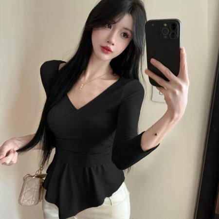 FA40784# 早秋燕麦色长袖上衣收腰显瘦洋气打底衫 服裝批發女裝批發服飾貨源