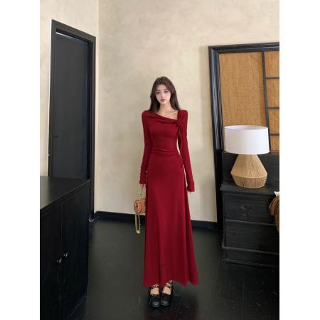 FA40786# 秋冬红色赫本风长袖针织连衣裙温婉收腰显瘦气质长裙回门服 服裝批發女裝批發服飾貨源