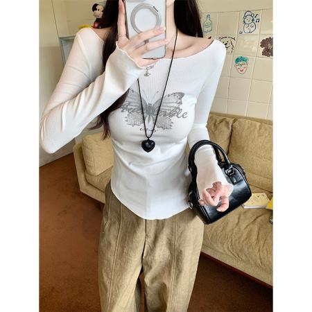 FA40787# 长袖t恤女装春秋薄设计感修身印花打底衫一字领韩版上衣 服裝批發女裝批發服飾貨源