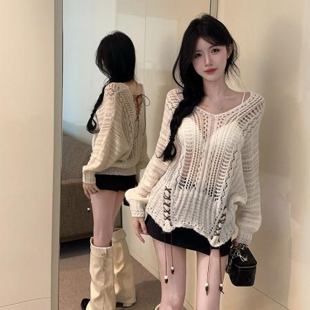FA40788# 镂空织花绑带串珠V领毛衣前后两穿 服裝批發女裝批發服飾貨源