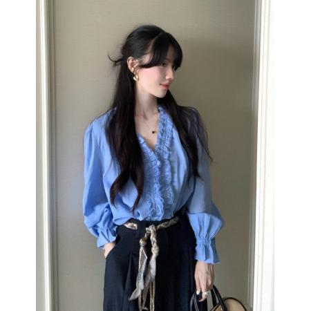 FA40791# 法式小资蓝色木耳边长袖衬衫女秋季新款高级感宽松显瘦喇叭袖上衣 服裝批發女裝批發服飾貨源