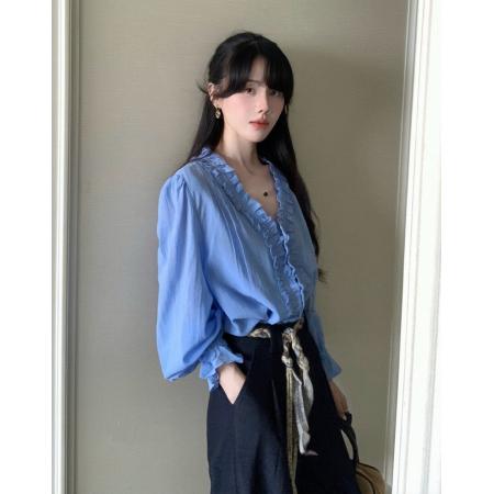 FA40791# 法式小资蓝色木耳边长袖衬衫女秋季新款高级感宽松显瘦喇叭袖上衣 服裝批發女裝批發服飾貨源