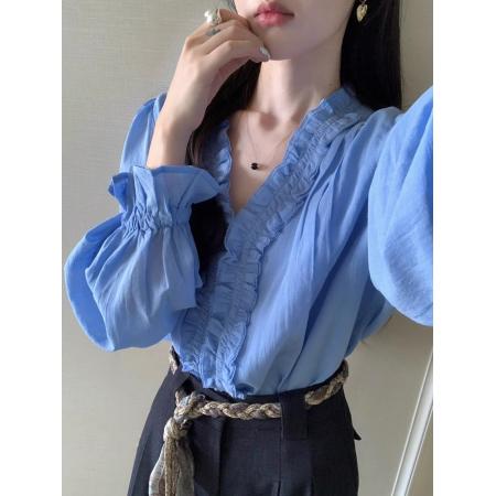 FA40791# 法式小资蓝色木耳边长袖衬衫女秋季新款高级感宽松显瘦喇叭袖上衣 服裝批發女裝批發服飾貨源