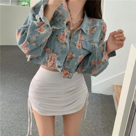 FA40792# 早春秋新款复古水洗玫瑰花印花牛仔外套女学生百搭短款夹克 服裝批發女裝批發服飾貨源