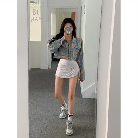 FA40792# 早春秋新款复古水洗玫瑰花印花牛仔外套女学生百搭短款夹克 服裝批發女裝批發服飾貨源