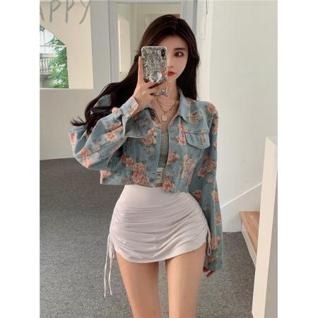FA40792# 早春秋新款复古水洗玫瑰花印花牛仔外套女学生百搭短款夹克 服裝批發女裝批發服飾貨源