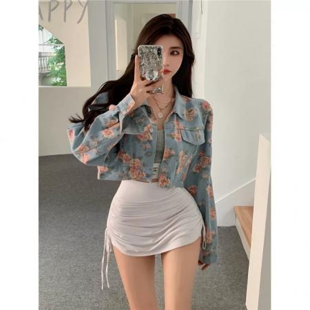 FA40792# 早春秋新款复古水洗玫瑰花印花牛仔外套女学生百搭短款夹克 服裝批發女裝批發服飾貨源