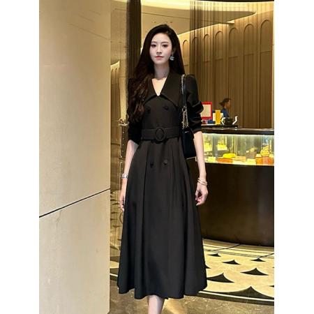 FA40800# 法式系扣翻领通勤名媛气质收腰风衣连衣裙 服裝批發女裝批發服飾貨源