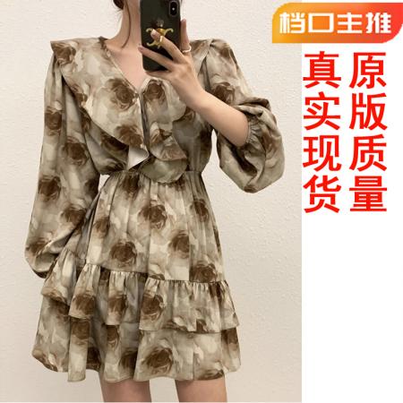 FA40808# 新款韩系温柔风荷叶边连衣裙女气质V领收腰显瘦垂坠感裙子 服裝批發女裝批發服飾貨源