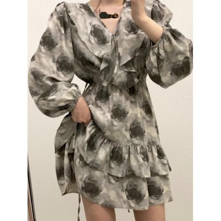 FA40808# 新款韩系温柔风荷叶边连衣裙女气质V领收腰显瘦垂坠感裙子 服裝批發女裝批發服飾貨源