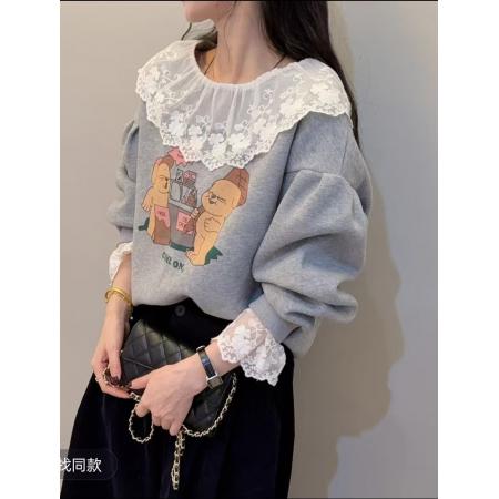 FA40809# 老赵服饰蕾丝花边拼接卡通印花长袖卫衣 服裝批發女裝批發服飾貨源