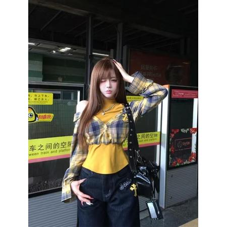 FA40810# 美式甜辣妹格纹拼接露肩上衣女初秋新款显瘦设计感小众百搭T恤ins 服裝批發女裝批發服飾貨源