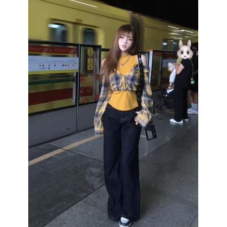 FA40810# 美式甜辣妹格纹拼接露肩上衣女初秋新款显瘦设计感小众百搭T恤ins 服裝批發女裝批發服飾貨源
