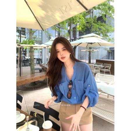 FA40812# 花花媛夏日封神衬衫老钱风亚麻立领衬衫女夏宽松气质薄款上衣 服裝批發女裝批發服飾貨源