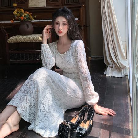 FA40819# 秋季新款气质收腰钉珠长袖V领蕾丝连衣裙 服裝批發女裝批發服飾貨源