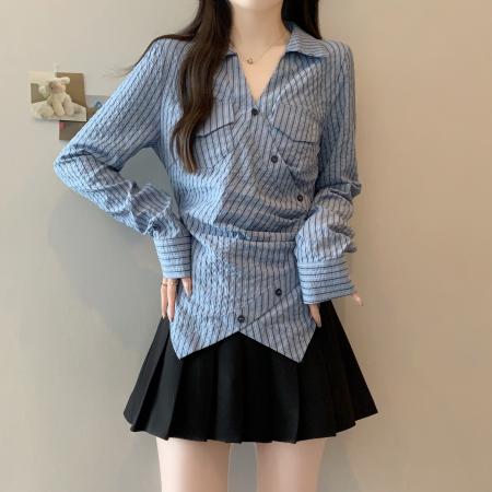 FA40823# 大码胖MM设计感别致蓝色衬衫女高级感修身显瘦条纹上衣 服裝批發女裝批發服飾貨源