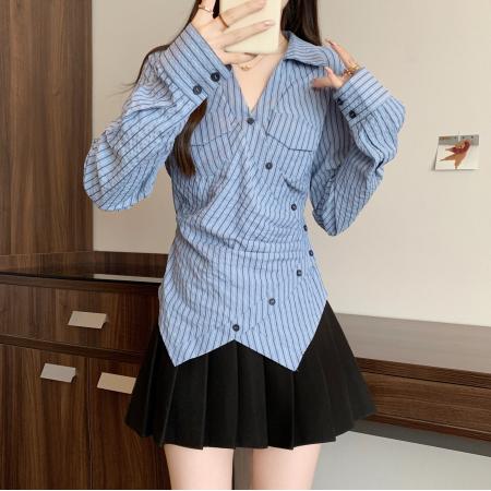 FA40823# 大码胖MM设计感别致蓝色衬衫女高级感修身显瘦条纹上衣 服裝批發女裝批發服飾貨源