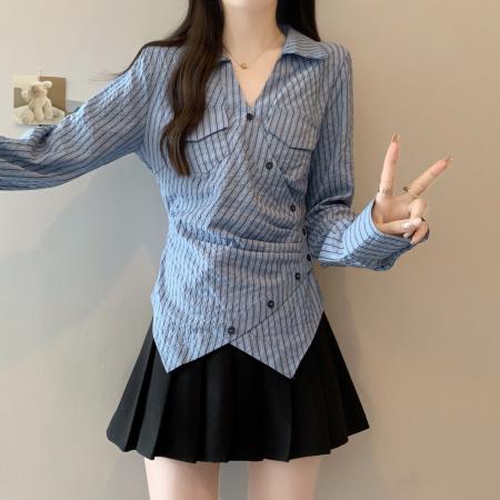FA40823# 大码胖MM设计感别致蓝色衬衫女高级感修身显瘦条纹上衣 服裝批發女裝批發服飾貨源