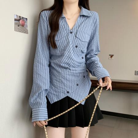FA40823# 大码胖MM设计感别致蓝色衬衫女高级感修身显瘦条纹上衣 服裝批發女裝批發服飾貨源