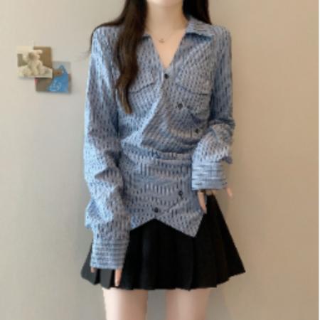 FA40823# 大码胖MM设计感别致蓝色衬衫女高级感修身显瘦条纹上衣 服裝批發女裝批發服飾貨源