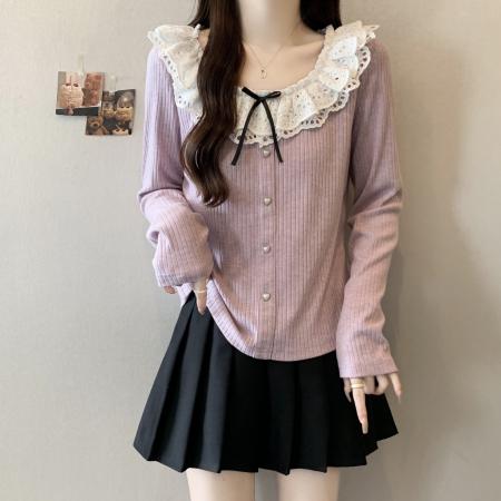 FA40824# 大码胖MM早秋新款法式荷叶边领针织衫女百搭显瘦上衣 服裝批發女裝批發服飾貨源