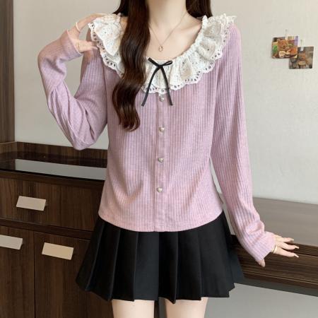 FA40824# 大码胖MM早秋新款法式荷叶边领针织衫女百搭显瘦上衣 服裝批發女裝批發服飾貨源