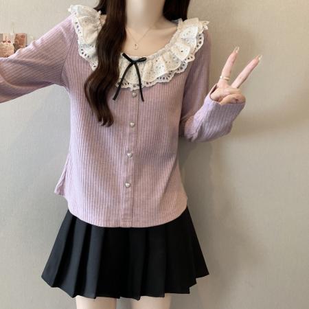 FA40824# 大码胖MM早秋新款法式荷叶边领针织衫女百搭显瘦上衣 服裝批發女裝批發服飾貨源