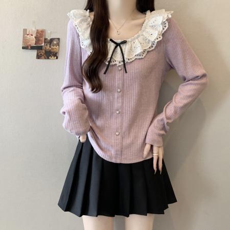 FA40824# 大码胖MM早秋新款法式荷叶边领针织衫女百搭显瘦上衣 服裝批發女裝批發服飾貨源