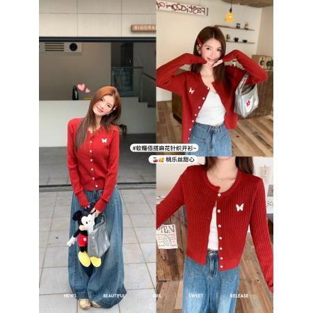 FA40827# 红色针织开衫外套女新款韩系早秋穿搭毛衣蝴蝶结上衣 服裝批發女裝批發服飾貨源