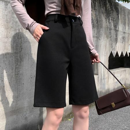 FA40834# 秋冬高腰毛呢五分裤女大码宽松直筒呢子短裤外穿阔腿中裤靴裤 服裝批發女裝批發服飾貨源