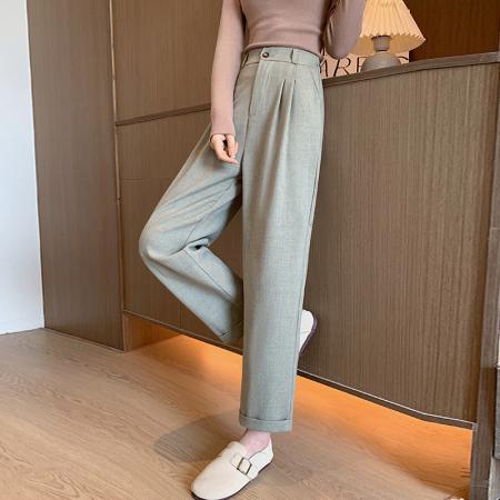 FA40836# 韩系通勤卷边休闲西装麻裤女装秋高腰九分直筒烟管裤萝卜裤 服裝批發女裝批發服飾貨源