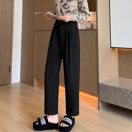 FA40836# 韩系通勤卷边休闲西装麻裤女装秋高腰九分直筒烟管裤萝卜裤 服裝批發女裝批發服飾貨源