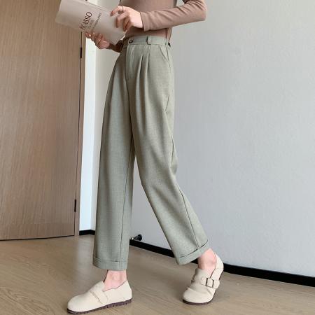 FA40836# 韩系通勤卷边休闲西装麻裤女装秋高腰九分直筒烟管裤萝卜裤 服裝批發女裝批發服飾貨源