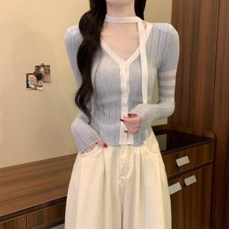 FA40841# 秋冬新款韩版V领撞色甜辣修身显瘦小个子带肩垫针织开衫 服裝批發女裝批發服飾貨源