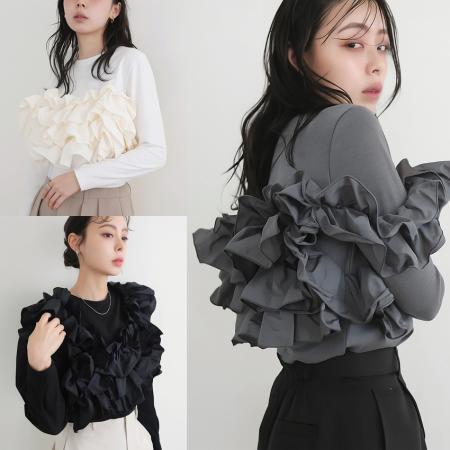 FA40849# 秋新款棉长袖重工手工定位缝花多种穿法棉上衣T恤 服裝批發女裝批發服飾貨源