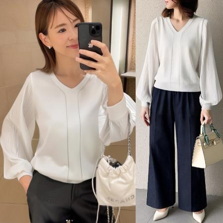FA40851# 网红V领女灯笼袖宽松压褶女蕾丝衫拼接针织上衣 服裝批發女裝批發服飾貨源