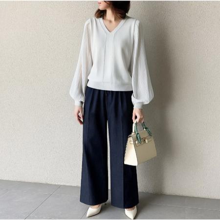 FA40851# 网红V领女灯笼袖宽松压褶女蕾丝衫拼接针织上衣 服裝批發女裝批發服飾貨源