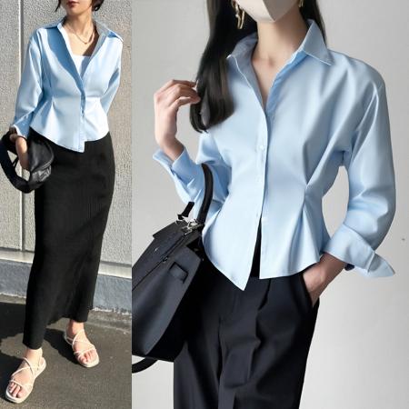 FA40852# 蓝色翻领不规则女高档衬衣OL白领上衣 服裝批發女裝批發服飾貨源