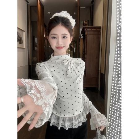 FA40853# 莫代尔人棉波点半高领T恤女春季打底衫蕾丝花边内搭短款上衣 服裝批發女裝批發服飾貨源