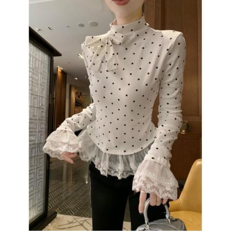 FA40853# 莫代尔人棉波点半高领T恤女春季打底衫蕾丝花边内搭短款上衣 服裝批發女裝批發服飾貨源