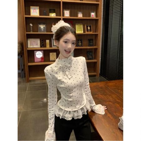 FA40853# 莫代尔人棉波点半高领T恤女春季打底衫蕾丝花边内搭短款上衣 服裝批發女裝批發服飾貨源