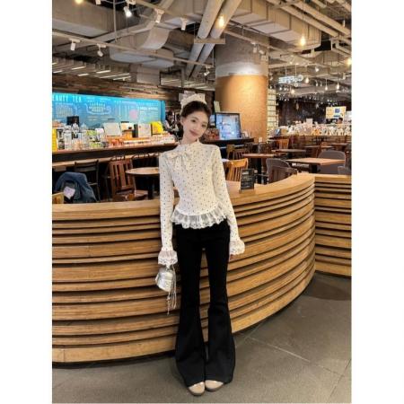 FA40853# 莫代尔人棉波点半高领T恤女春季打底衫蕾丝花边内搭短款上衣 服裝批發女裝批發服飾貨源