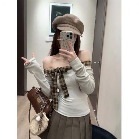 FA40855# 螺纹德绒甜辣妹格纹拼接一字肩T恤女减龄蝴蝶结修身内搭上衣 服裝批發女裝批發服飾貨源