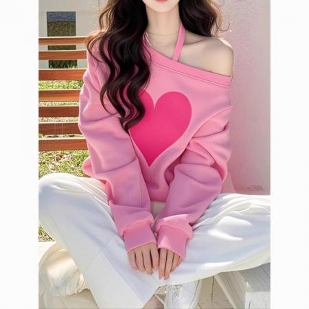 FA40857# 新款纯棉华棉薄款粉色爱心印花斜肩卫衣 服裝批發女裝批發服飾貨源