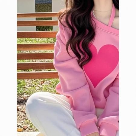 FA40857# 新款纯棉华棉薄款粉色爱心印花斜肩卫衣 服裝批發女裝批發服飾貨源