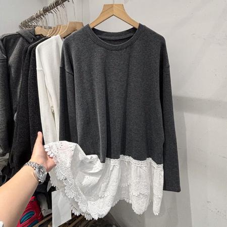 FA40858# 纯棉舒适款高级感欧货蕾丝拼接灰色长袖T恤女秋冬新款显瘦打底衫 服裝批發女裝批發服飾貨源