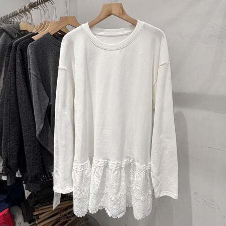 FA40858# 纯棉舒适款高级感欧货蕾丝拼接灰色长袖T恤女秋冬新款显瘦打底衫 服裝批發女裝批發服飾貨源